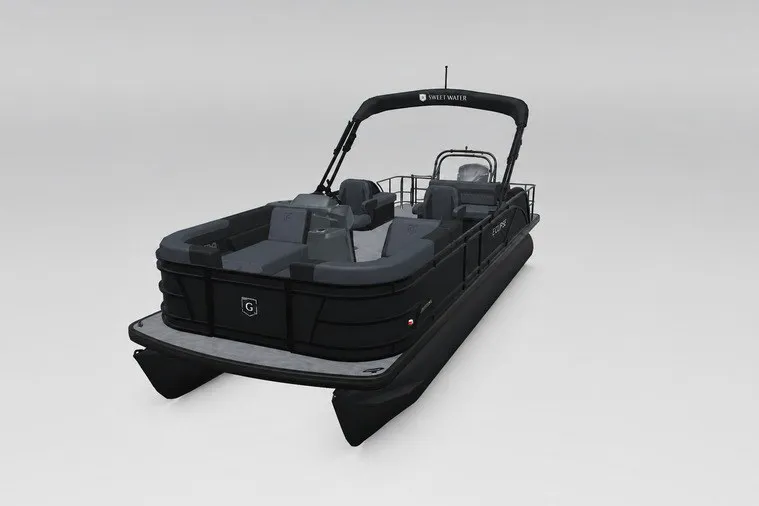 The Image of 2027 Godfrey Sweetwater 22' Tritoon boat with sleek black design and spacious seating. - 91
