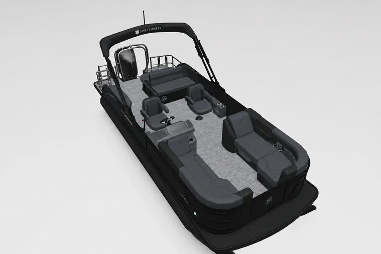 Slide: The Image of 2027 Godfrey Sweetwater 22' Tritoon with sleek design and spacious seating. - 93