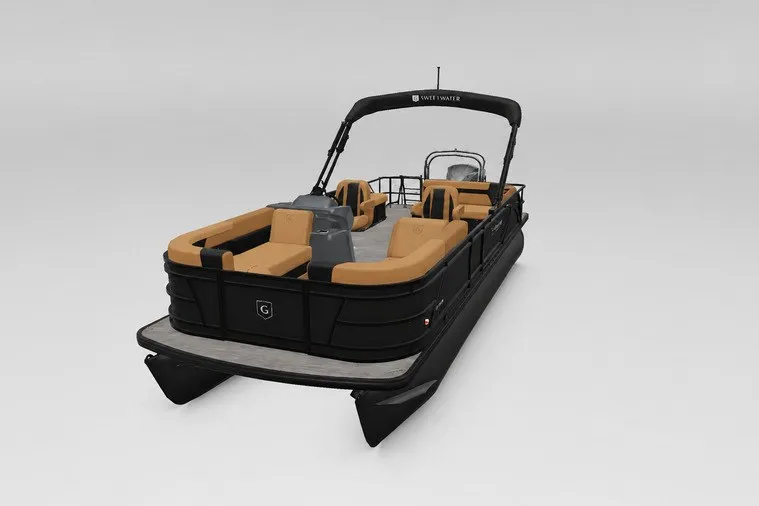 Slide: The Image of 2027 Godfrey Sweetwater 22' Tritoon with tan seating and sleek black design. - 103