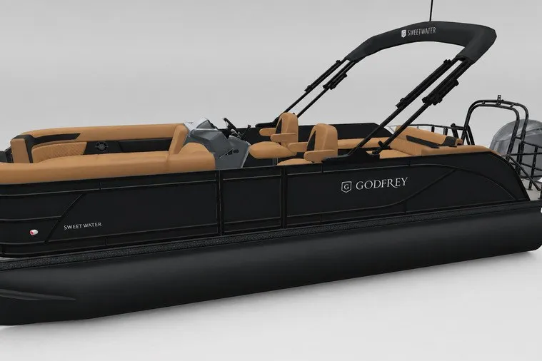 Slide: The Image of 2027 Godfrey Sweetwater 22' Tritoon with tan seating and sleek black design. - 109