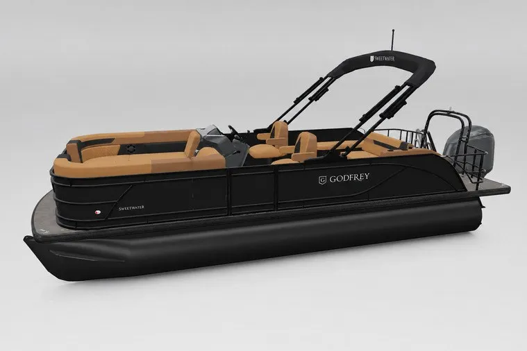 Slide: The Image of 2027 Godfrey Sweetwater 22' Tritoon with single flip lounge, sleek black design. - 110