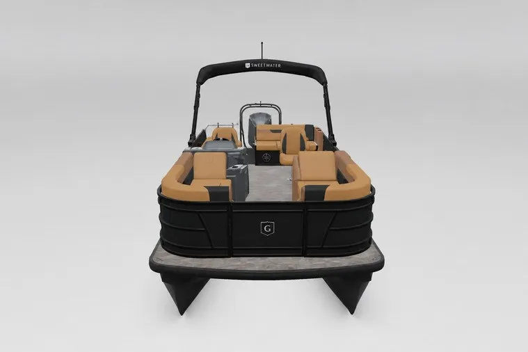 Slide: The Image of 2027 Godfrey Sweetwater 22' Tritoon with tan seating and black accents, front view. - 102