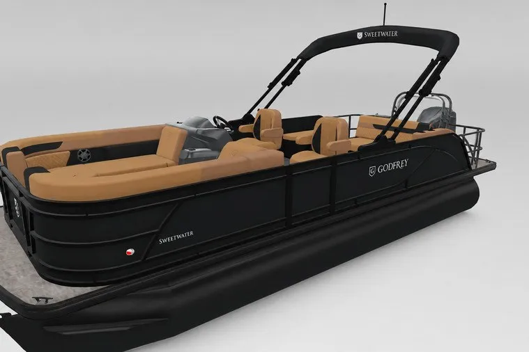 Slide: The Image of 2027 Godfrey Sweetwater 22' Tritoon with tan seating and sleek black design. - 107