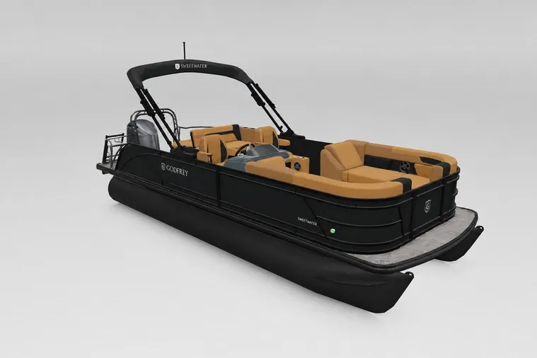 Slide: The Image of 2027 Godfrey Sweetwater 22' Tritoon with tan seating and sleek black design. - 105
