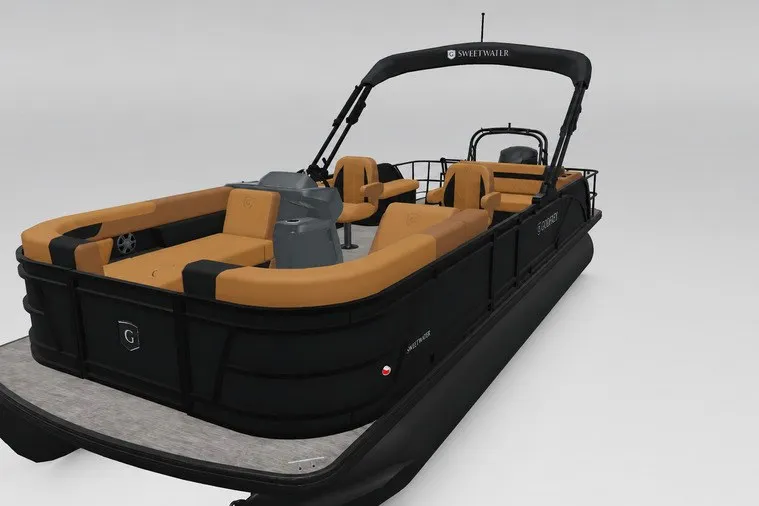 Slide: The Image of 2027 Godfrey Sweetwater 22' Tritoon with tan seating and black exterior. - 108