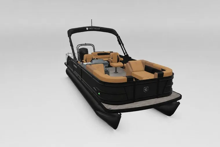 The Image of 2027 Godfrey Sweetwater 22' Tritoon with tan seating and sleek black exterior. - 101