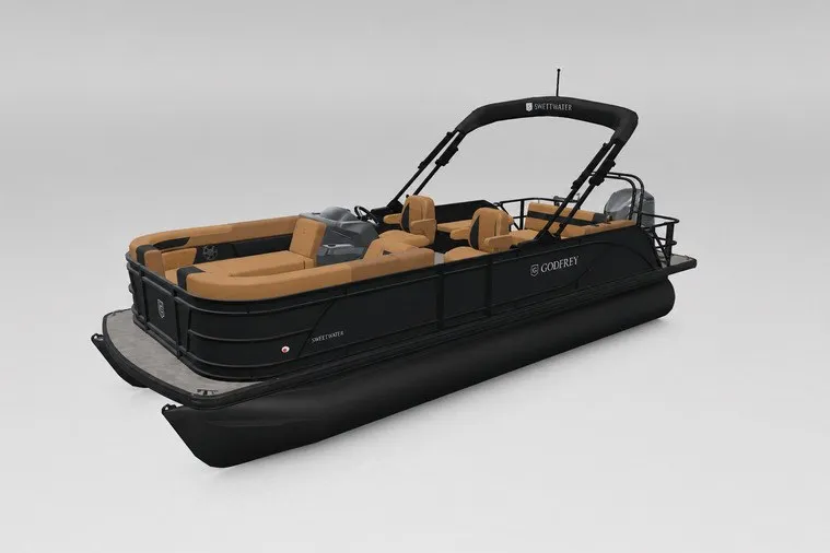 Slide: The Image of 2027 Godfrey Sweetwater 22' Tritoon with single flip lounge, sleek black design. - 104