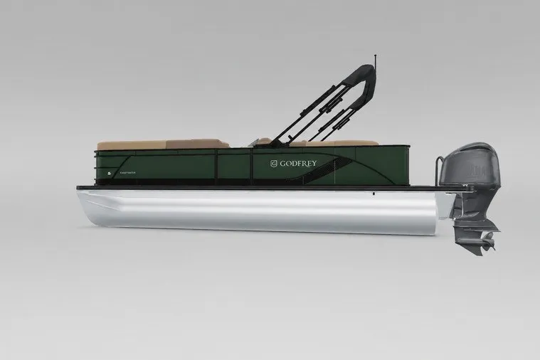 Slide: The Image of 2027 Godfrey Sweetwater 22' Cruise Special Edition Tritoon, side view, green and silver design. - 114
