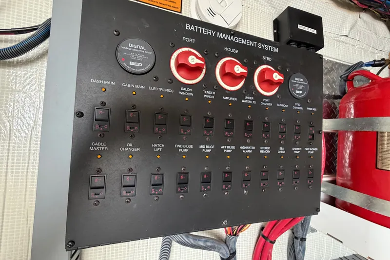 Slide: The Image of Battery management system panel on a 2018 Regal 53 Sport Coupe yacht. - 55