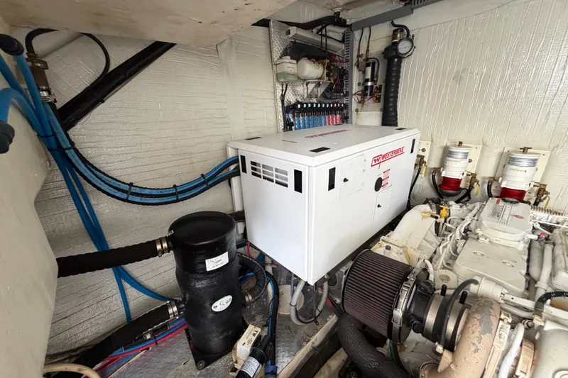 Slide: The Image of Engine room of 2018 Regal 53 Sport Coupe with generator and mechanical components. - 65