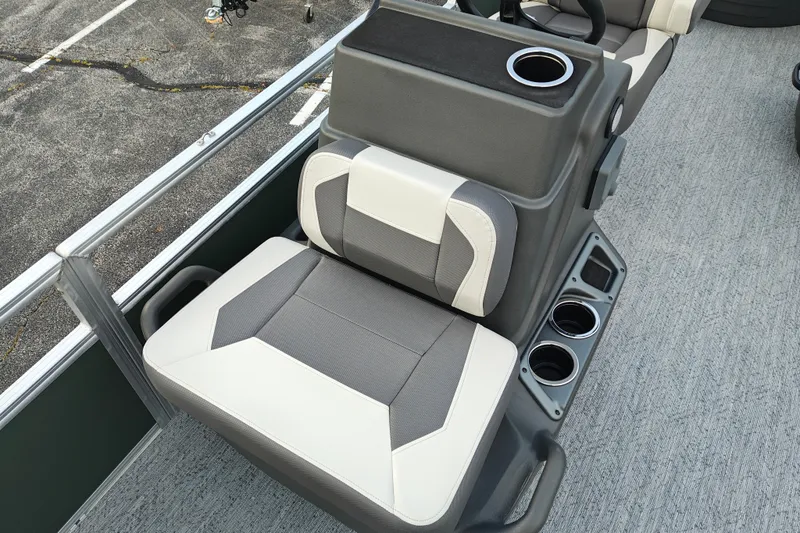 Slide: The Image of Sun Tracker Bass Buggy 18 DLX 2027 boat seat with cup holders, gray and white upholstery. - 30
