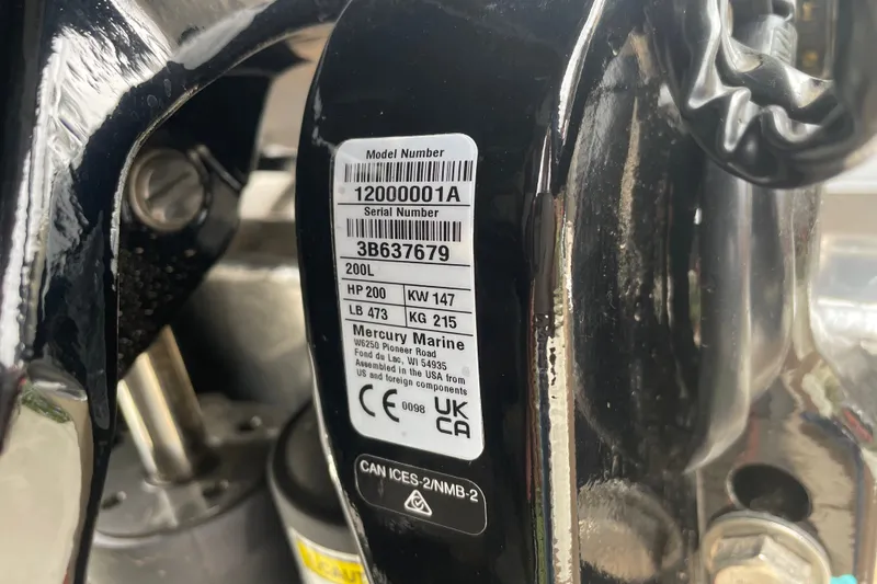 Slide: The Image of Close-up of Mercury Marine engine label on 2027 Sun Tracker Fishin' Barge 22 XP3. - 131