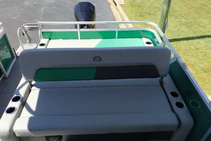 Slide: The Image of 2027 Sun Tracker Party Barge 22 RF XP3 with green and gray seating. - 14