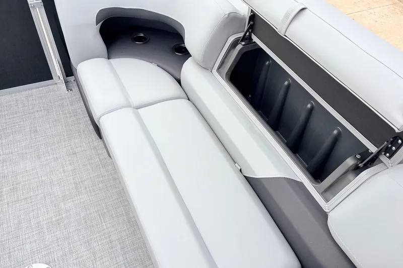 Slide: The Image of 2027 Sun Tracker Party Barge 22 RF XP3 interior seating with storage compartment. - 19