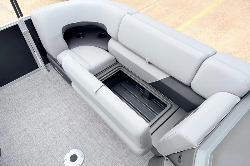 Slide: The Image of 2027 Sun Tracker Party Barge 22 RF XP3 interior seating with storage compartment. - 20
