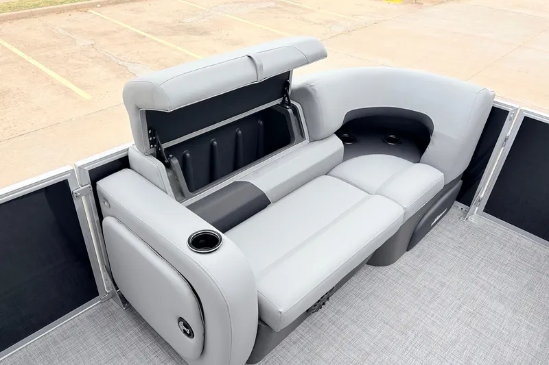 Slide: The Image of 2027 Sun Tracker Party Barge 22 RF XP3 interior seating with storage compartment. - 13