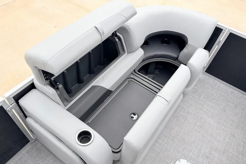 Slide: The Image of 2027 Sun Tracker Party Barge 22 RF XP3 interior seating with storage compartments. - 17