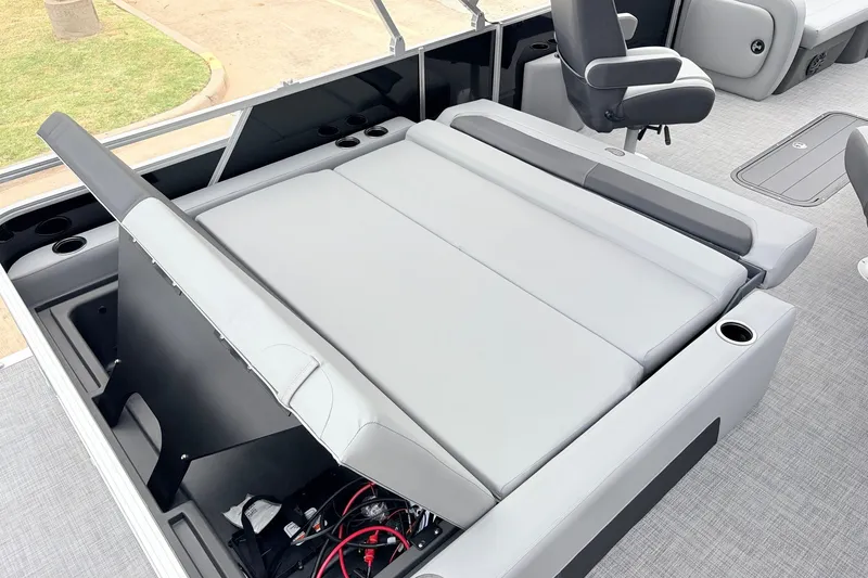 Slide: The Image of Sun Tracker Party Barge 22 RF XP3 interior with adjustable seating and storage, 2027 model. - 41