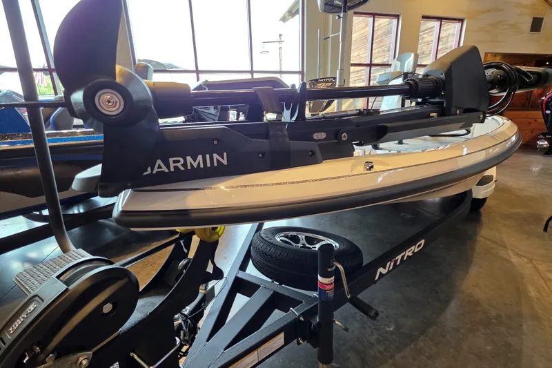 Slide: The Image of 2027 Nitro Z18 XL Pro boat with Garmin equipment on display in showroom. - 3