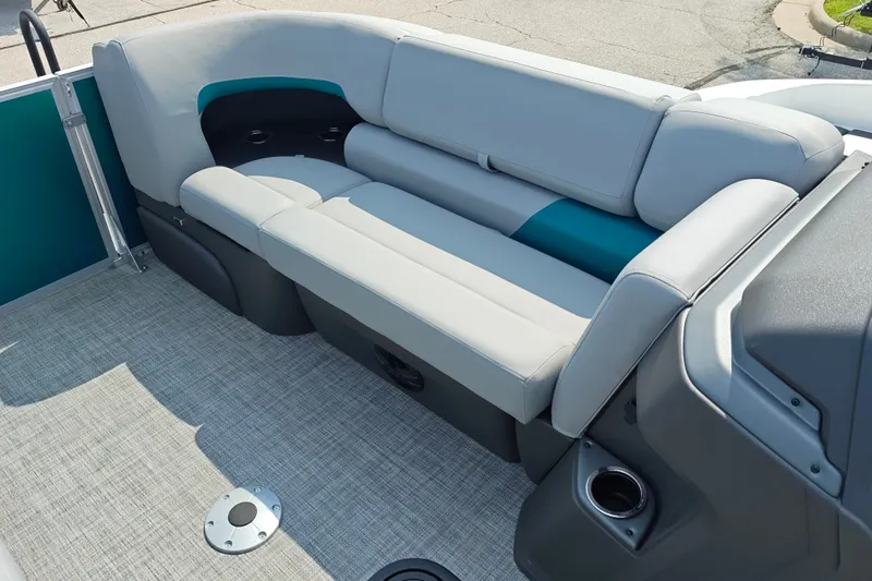 Slide: The Image of 2027 Sun Tracker Party Barge 22 RF XP3 interior seating with cup holders and modern design. - 35