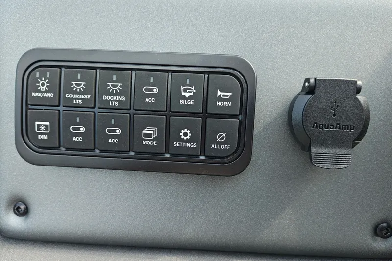 Slide: The Image of Control panel of 2027 Sun Tracker Party Barge 22 RF XP3 with AquaAmp USB port. - 21