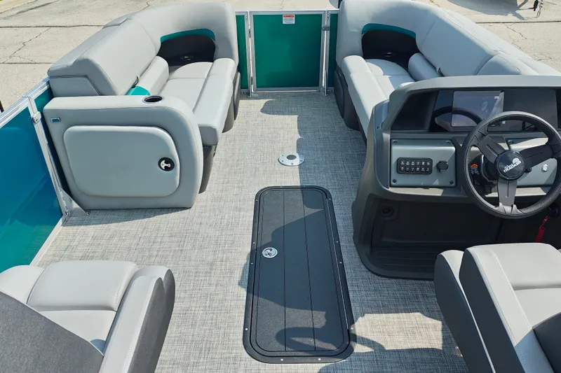 Slide: The Image of Interior of 2027 Sun Tracker Party Barge 22 RF XP3 pontoon boat with seating and steering console. - 33