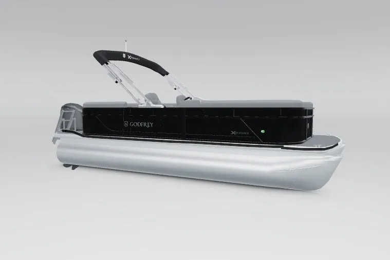 Slide: The Image of 2027 Godfrey Xperience 2286 SBX pontoon boat, sleek black design, side view. - 142