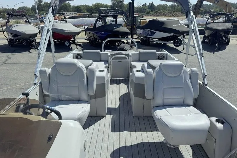 Slide: The Image of 2019 Avalon Catalina Rear Lounge 25' pontoon boat with plush seating and spacious deck. - 2