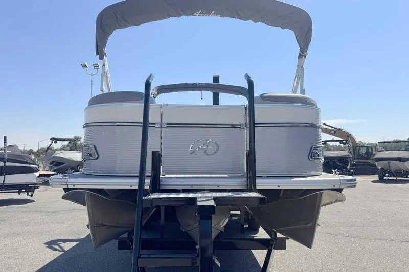 Slide: The Image of 2019 Avalon Catalina Rear Lounge 25' pontoon boat, rear view with canopy and ladder. - 3