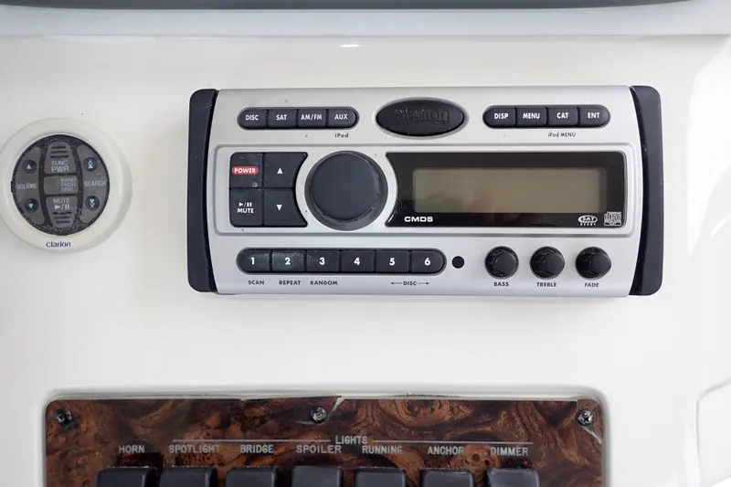 Slide: The Image of Clarion CMD5 marine stereo system on 1998 Sea Ray 480 Sedan Bridge yacht. - 49