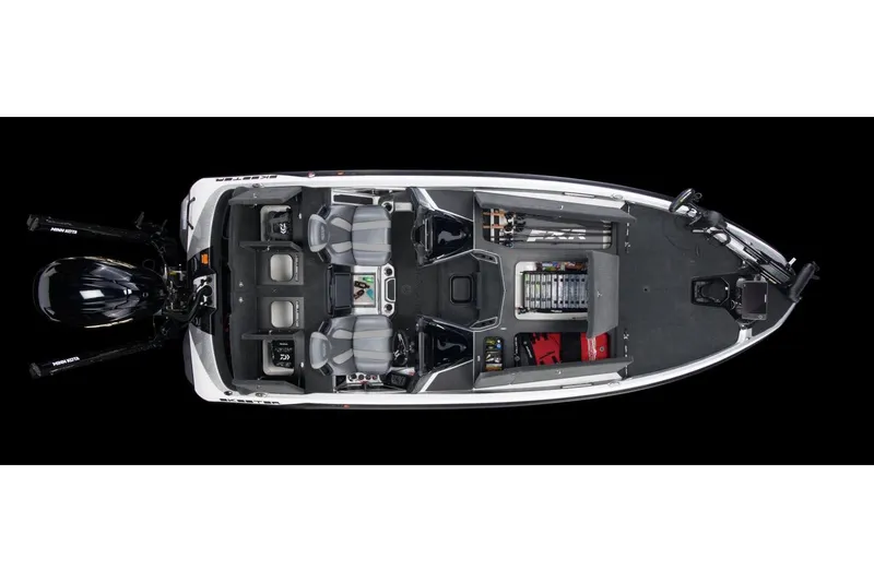 Slide: The Image of Manufacturer Provided Image: Top view of 2022 Skeeter FXR 21 fishing boat with seating and storage compartments. - 21