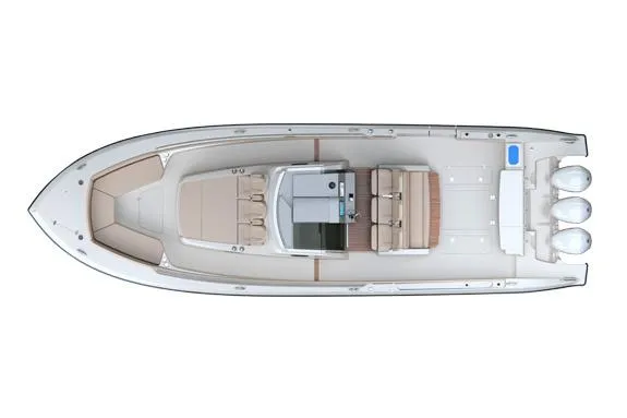 Slide: The Image of Manufacturer Provided Image: Top view of 2020 Pursuit S 408 Sport boat with triple outboard engines. - 57