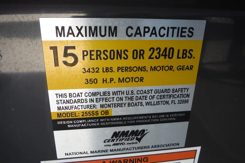 Slide: The Image of 2024 Monterey 255SS Super Sport capacity label, 15 persons or 2340 lbs, 350 HP motor. - 23