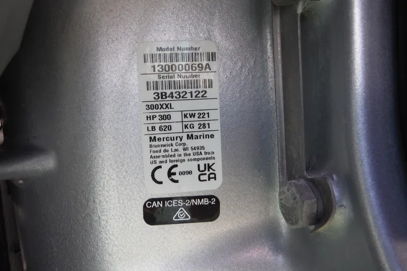 Slide: The Image of Label on a 2024 Monterey 255SS Super Sport boat engine, showing specifications and serial number. - 29