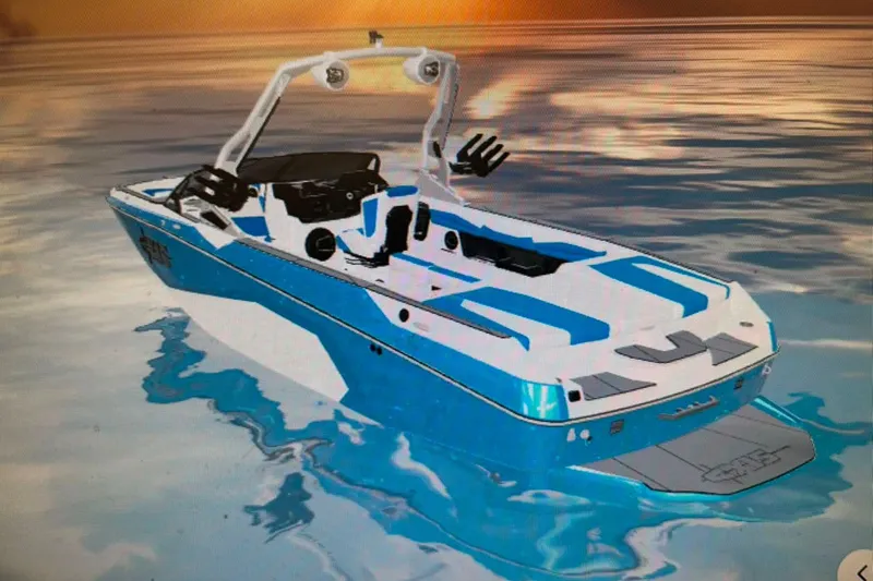 Slide: The Image of 2027 Axis A245 boat on calm water at sunset, featuring sleek blue and white design. - 3