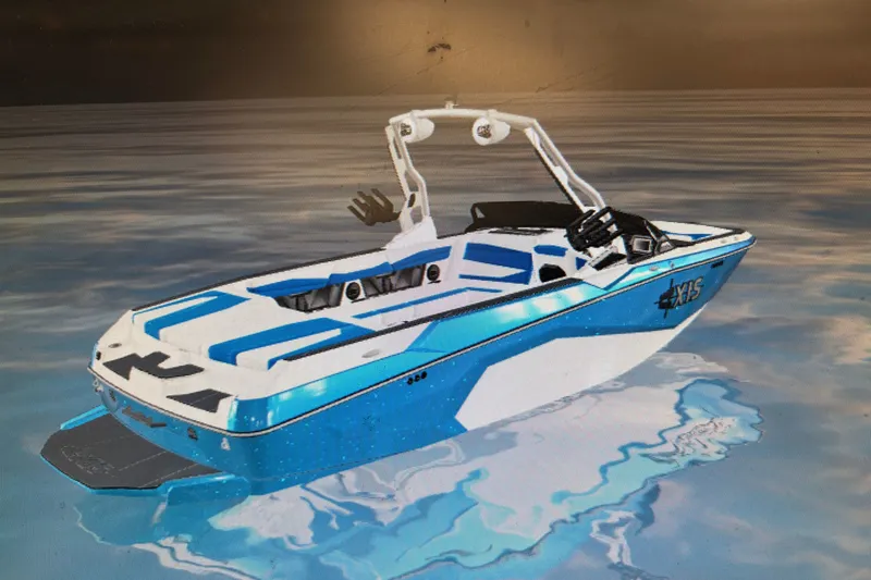 Slide: The Image of 2027 Axis A245 boat on calm water, featuring sleek blue and white design. - 2