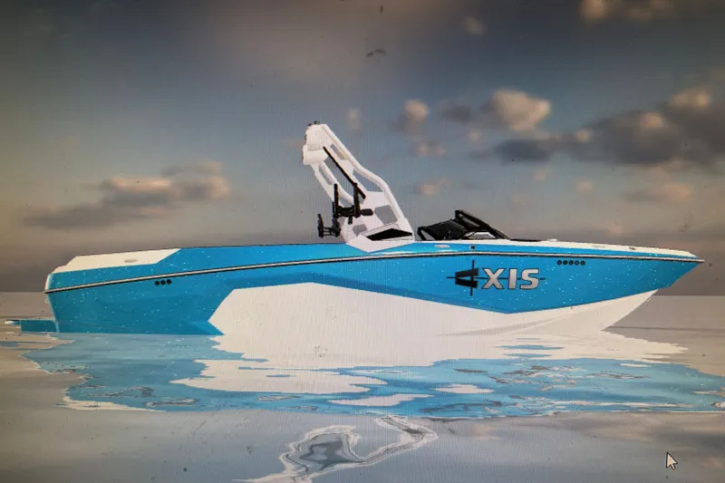 Slide: The Image of 2027 Axis A245 boat in blue and white on calm water under cloudy sky. - 1