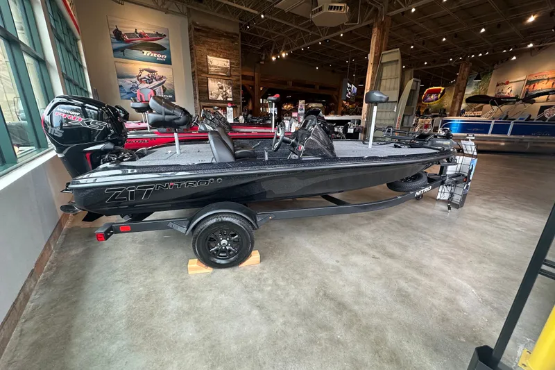 The Image of 2027 Nitro Z17 boat displayed in a showroom, featuring sleek design and modern equipment. - 0