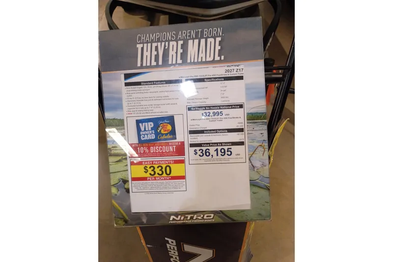 Slide: The Image of Promotional display for 2027 Nitro Z17 boat, featuring pricing and discount details. - 7