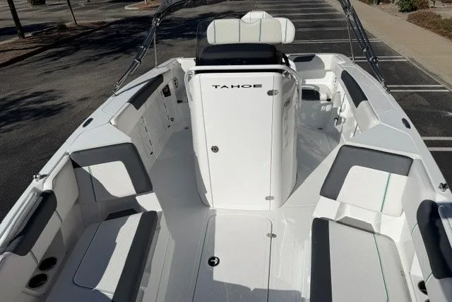 Slide: The Image of 2026 Tahoe 2150 CC boat interior with sleek seating and modern design. - 11