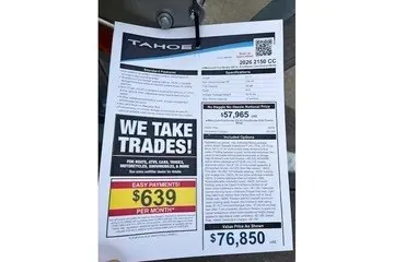 Slide: The Image of 2026 Tahoe 2150 CC price sheet, featuring trade-in options and monthly payment details. - 120