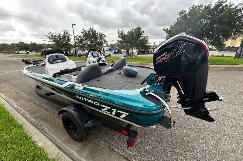 Slide: The Image of Nitro Z17 2027 fishing boat with Mercury Pro XS engine on a trailer. - 3
