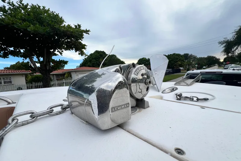 Slide: The Image of Lewmar anchor windlass on 2015 Tidewater 250 CC Adventure boat deck. - 58