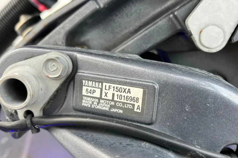 Slide: The Image of Close-up of Yamaha LF150XA engine label on 2015 Tidewater 250 CC Adventure boat. - 17