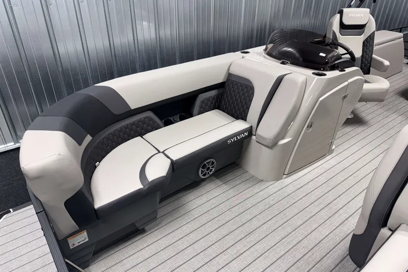 Slide: The Image of 2026 Sylvan L3 CLZ DH Tritoon interior with luxurious seating and modern design. - 16