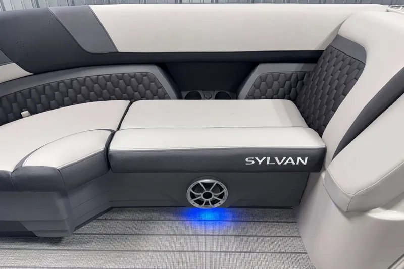 Slide: The Image of Luxurious seating in the 2026 Sylvan L3 CLZ DH Tritoon with stylish upholstery and ambient lighting. - 17