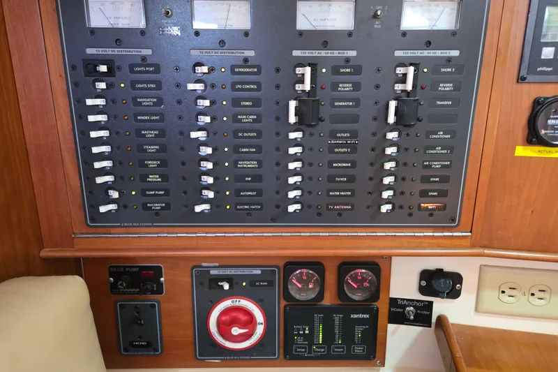 Slide: The Image of Electrical control panel on a 2005 Tartan 3700 yacht, featuring various switches and gauges. - 23