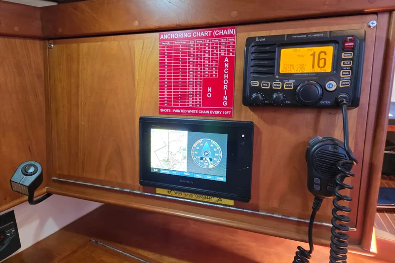 Slide: The Image of Navigation equipment on a 2005 Tartan 3700 sailboat, featuring a Garmin GPS and Icom VHF radio. - 22