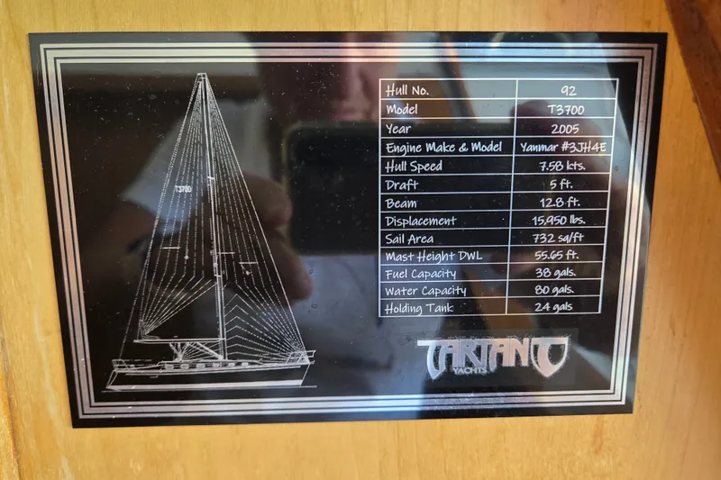 Slide: The Image of Plaque displaying specifications of a 2005 Tartan 3700 yacht, including hull speed and engine details. - 52