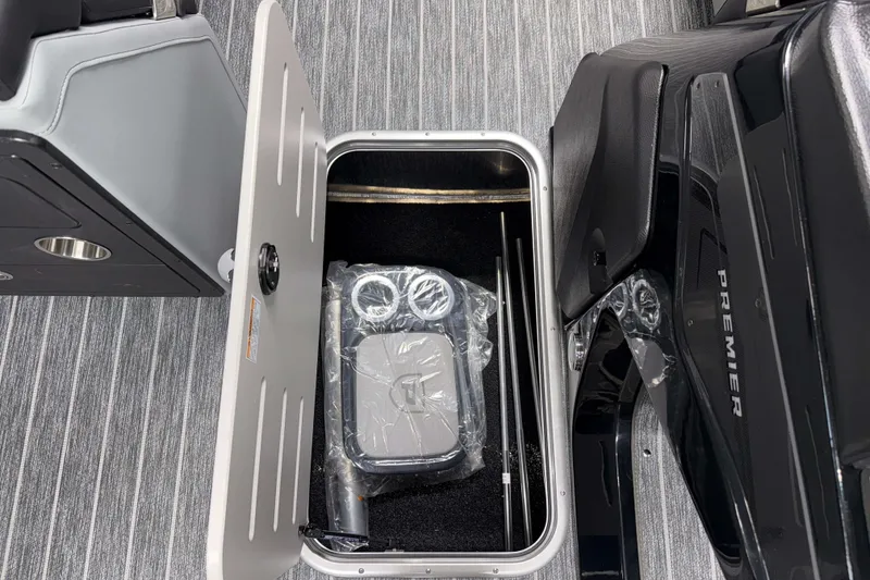 Slide: The Image of Storage compartment in 2026 Premier 230 Solaris RF Tritoon, featuring sleek interior design. - 17